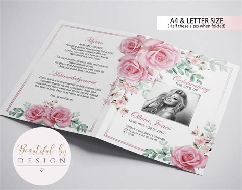 4 Page Pink Flowers Funeral Program Template Celebration Of Etsy