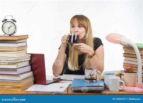 Student Drinking Coffee By Preparing For Exam At Night Stock Image