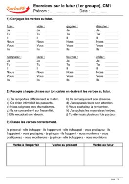 Ce fichier d'exercices pour l'élève aborde les notions essentielles en conjugaison pour les deux années du cours moyen. Exercices sur le futur (1er groupe), CM1