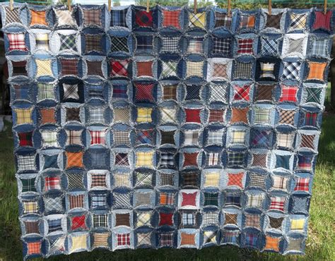 Cathedral Window Upcycled Jeans Denim Quilt Faux Chenille Seams Denim