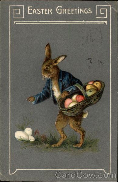 Bunny In Blue Jacket Carries Basket Of Easter Eggs With Bunnies