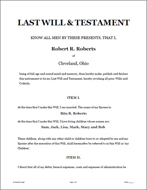 Simple Last Will And Testament Template Card Template