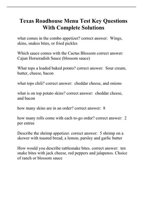 Texas Roadhouse Menu Test Key Questions With Complete Solutions - Texas