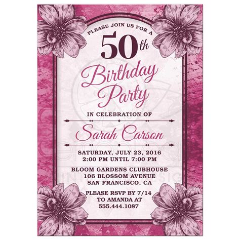 50th Birthday Party Invitations Fuchsia Flowers