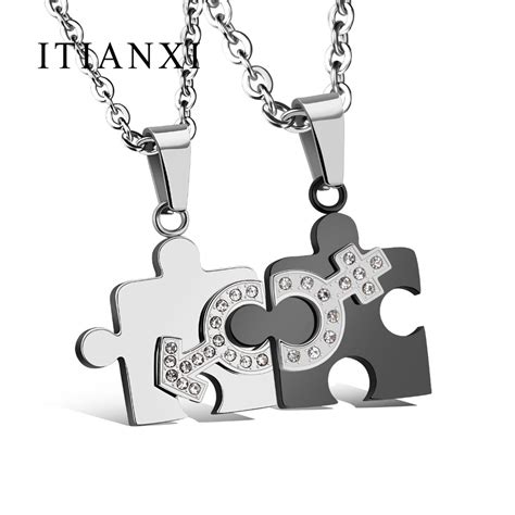 Itianxi 2 Pcs Fashion Couple Necklace Puzzle Pendant Stainless Steel Silverandblack Color Crystal