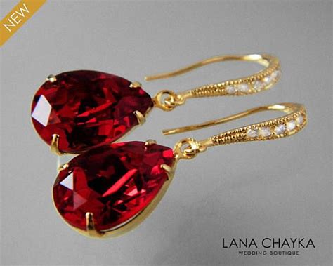 Red Crystal Gold Earrings Swarovski Siam Red Teardrop Etsy Teardrop Bridal Earrings