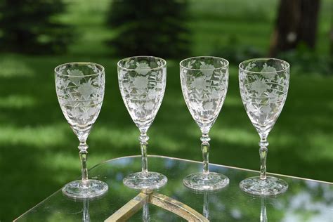 Vintage Etched Optic Wine Glasses Set Of 4 Floral Etched Wine Glasses Elegant Vintage Wedding