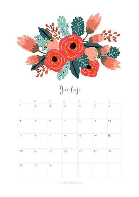 Printable July 2018 Calendar Monthly Planner Flower Design A Piece