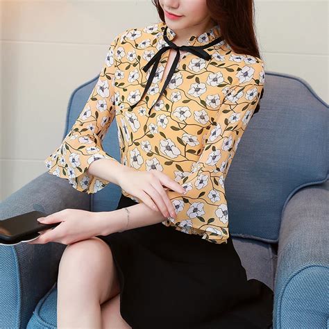 2018 new spring cute women shirts half flare sleeve chiffon print blouse shirt blue yellow navy