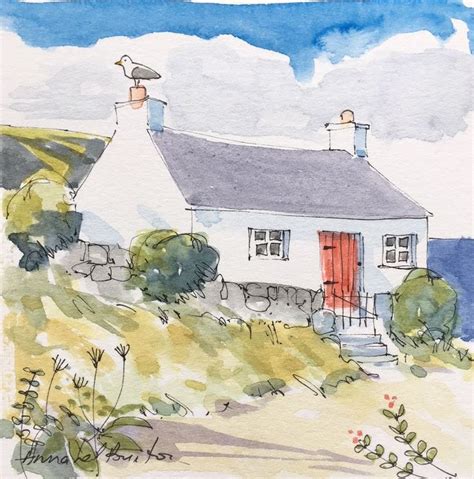 Signed Original Landscape Watercolour Seaside Cottage By Annabel