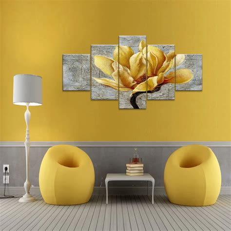 Yellow Grey Flower Wall Art Abstract Oil Print On Canvas Home Pictures
