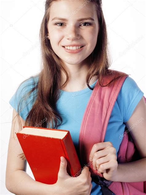 Jeune Adolescente Mignonne Posant Gaie Sur Fond Blanc Avec Des Livres