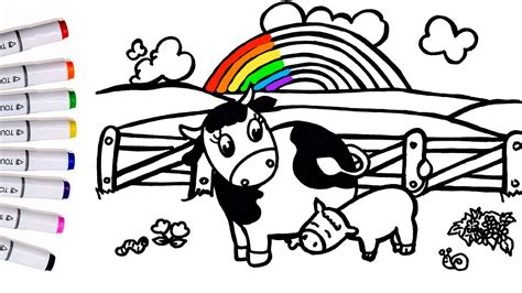 Cómo dibujar y colorear paisaje de arcoiris con la VACA LOLA y su