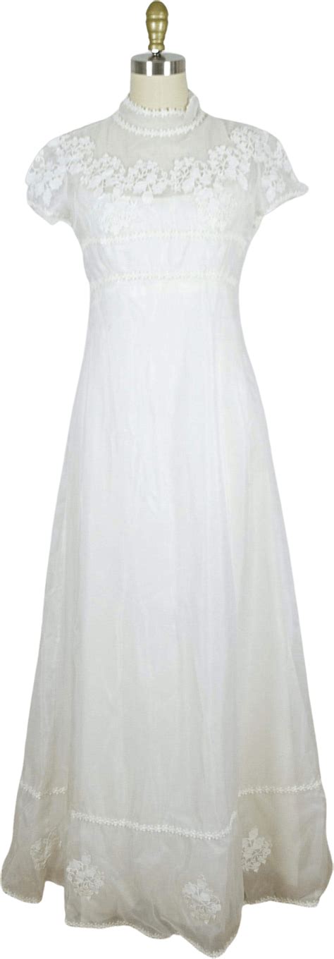 70s Sheer White Wedding Dress With Lace Flowers By William Cahill In