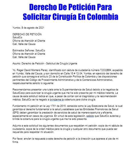 Derecho De Petición Para Solicitar Cirugía En Colombia