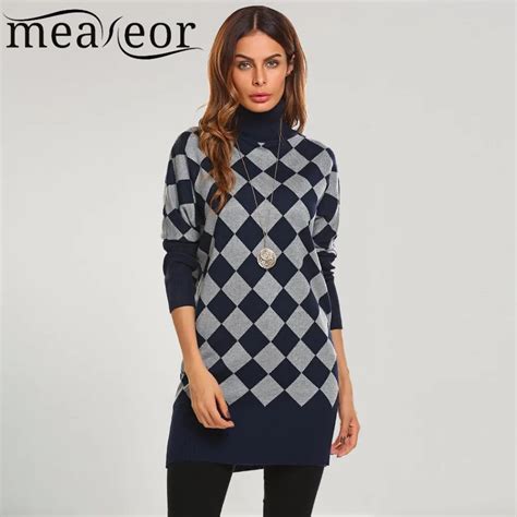 Meaneor Women Warm Thick Winter Sweater Casual High Neck Long Batwing Sleeve Geometry Pullover