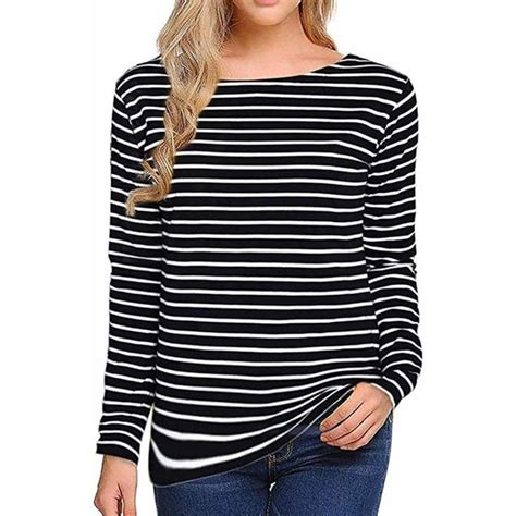 Womens Long Sleeve Striped T Shirt Round Neck Black And White Shirt
