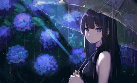 Anime Girls Rain Umbrella Bangs Long Hair Dark Hair Purple Eyes Flowers