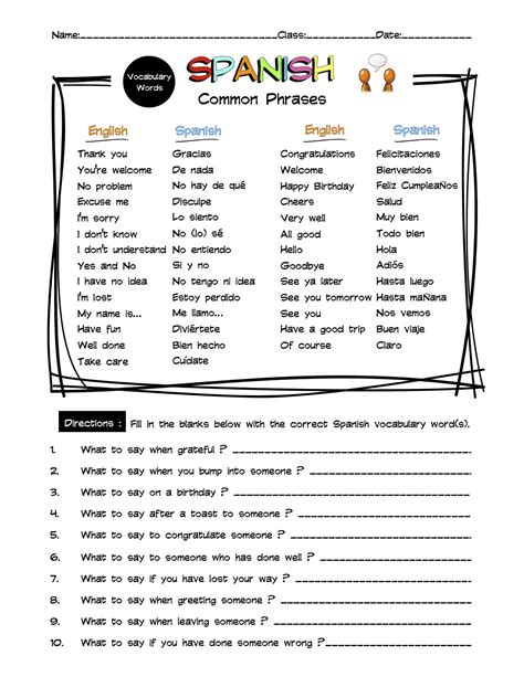 Spanish Common Phrases Vocabulary Word List Worksheet And Answer Key