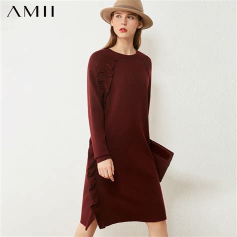 Amii Minimalism Autumn Sweater Dress Fashion Solid Oneck Ruffle Knitted Women S Dress Causal
