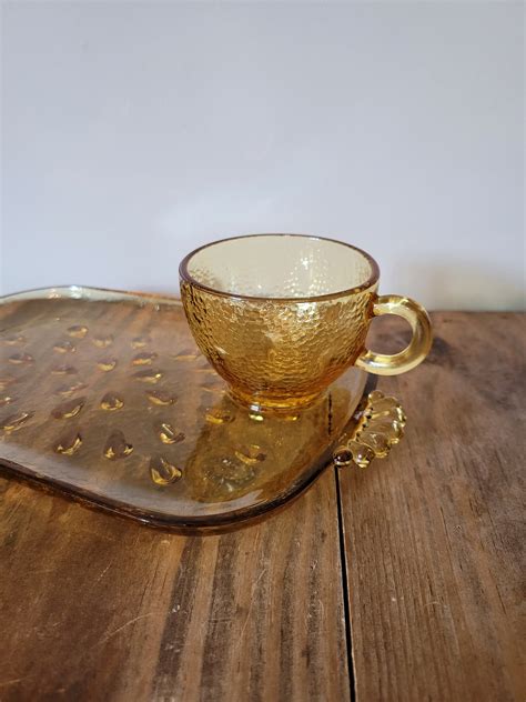 Vintage Amber Glass Pebbletone Teardrop Teacup And Snack Tray Hazel