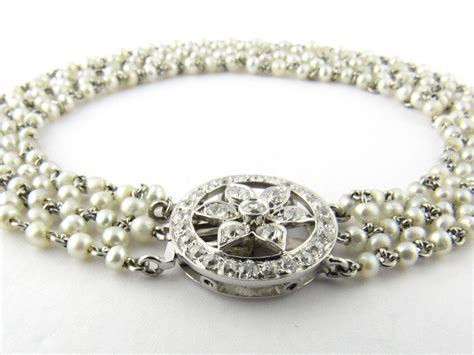 Antique Pearl And Platinum Bracelet With Diamond Clasp From