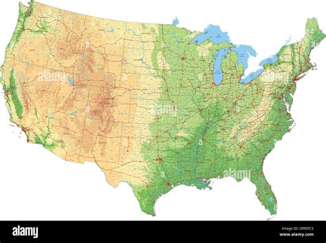 Complex Usa Physical Map With Every Major City Roads And Hydrography