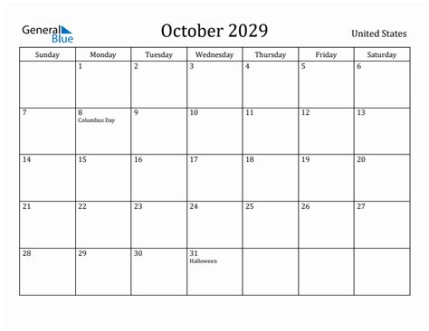 October 2029 Monthly Calendar With United States Holidays