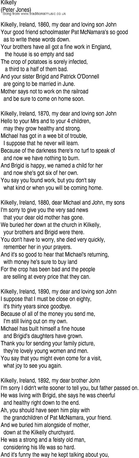 Up betimes but not yet had my required breakfast as outlined by our sleep expert yesterday. Irish Music, Song and Ballad Lyrics for: Kilkelly