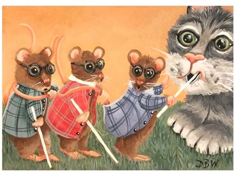 Aceo Original Acrylic Painting Three 3 Blind Mice Cat Whimsical Humor
