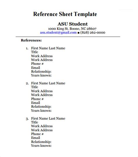 Free 12 Sample Reference Sheet Templates In Pdf Ms Word