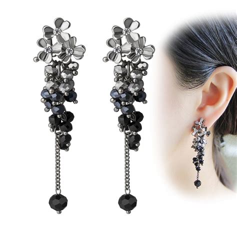 Elegant Flower Dangle Earrings Crystal Beads Chandelier Earrings Long
