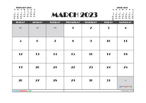 Free Printable Calendar 2023 March With Holidays Pdf Landscape