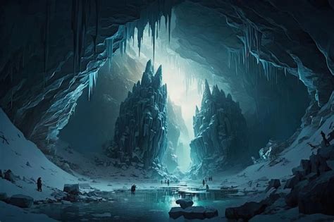 Premium Photo A Frozen Cavern With A Large Underground Lake