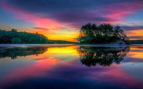 Massachusetts Trees Sky Reflection Clouds Colorful Mist