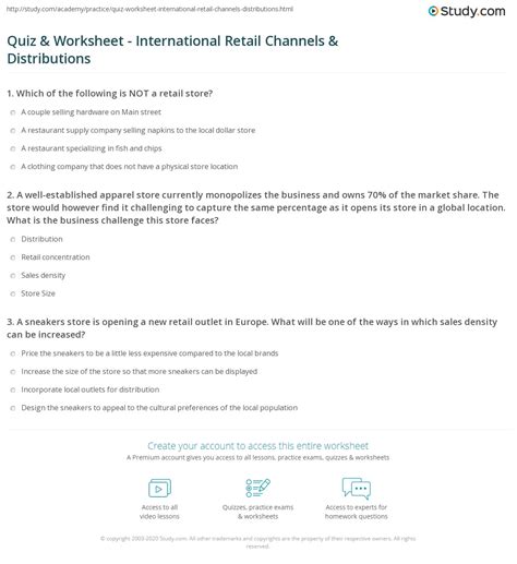 Quiz And Worksheet International Retail Channels And Distributions