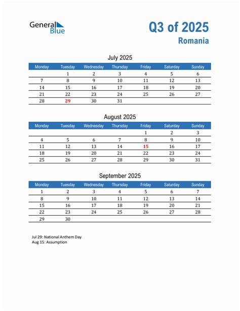 Three Month Calendar For Romania Q3 Of 2025