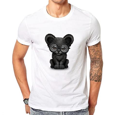 Buy Men Cotton Tops Cute Baby Black Panther Cub Wearing Glasses White T