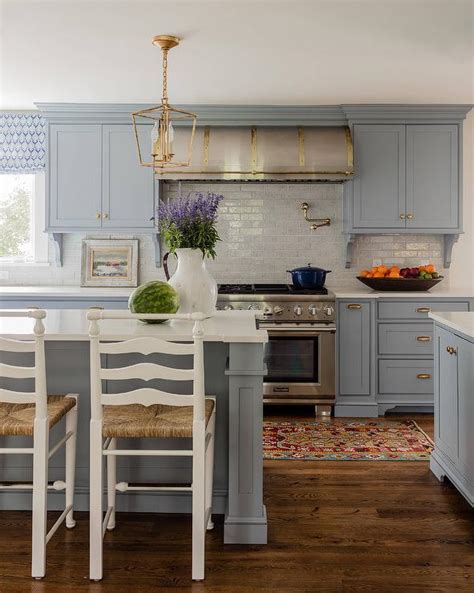 Blue Gray Kitchen Cabinets With Antique Brass Hardware Transitional