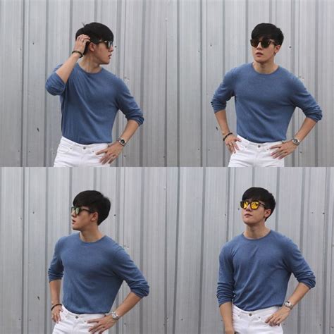 Four Pictures Of A Man In Blue Shirt And White Pants With His Hands On