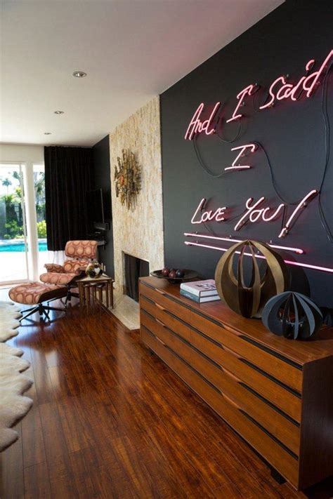 Mid Century Modern Black Wall With Neon Sign Founterior