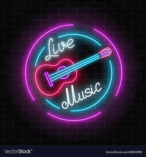 Neon Sign Of Bar With Live Music On A Brick Wall Vector