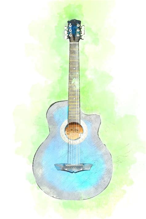 Abstract Acoustic Guitar On Watercolor Painting Background Stock