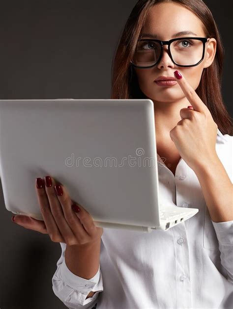 Beautiful Young Woman In Glasses Student Girl With Laptop Business