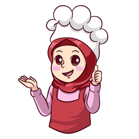 Illustration Cute Muslim Female Chef Wearing A Hijab Giving Thumbs Up