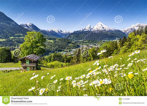 Idyllic Summer Landscape In The Alps With Mountain Cottage Stock Photo