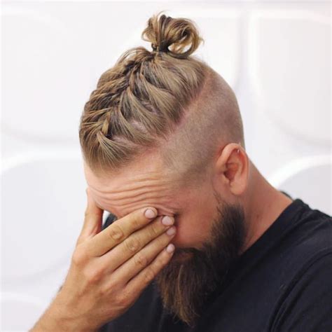 Men Long Hairstyles With Beardsmen Braided Bun With Beardmen Bun With