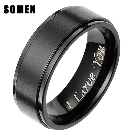 The ring has a matte finish with high polished edges. Somen Ring Men Engraved " I Love You" Black Titanium Ring ...