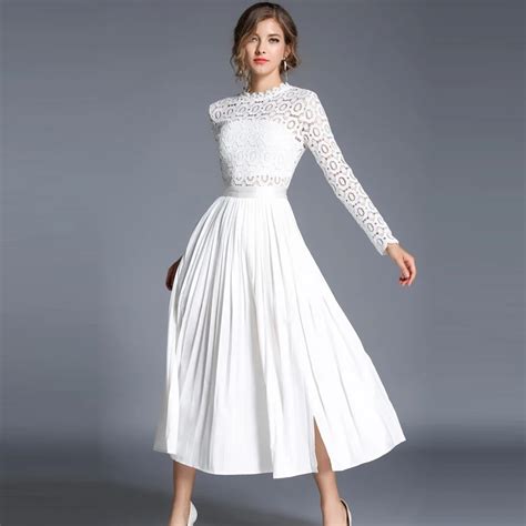 European Style Spring Casual Dress Hollow Out Elegant White Lace Dress Women Ankle Length Sexy