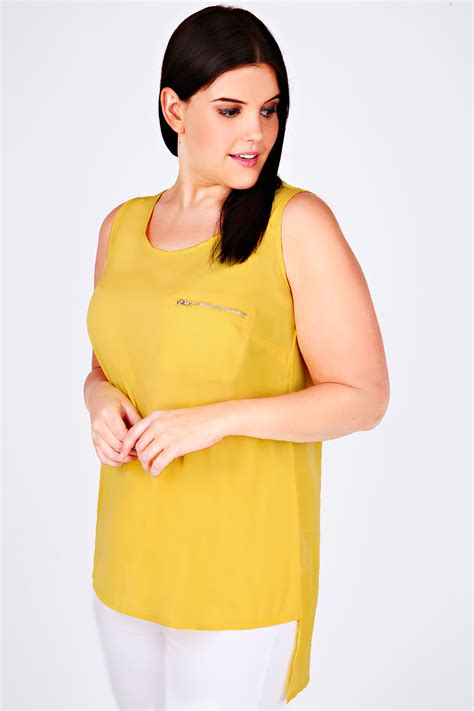 Yellow Sleeveless Dipped Hem Top With Zip Pocket Detail Plus Size 1416